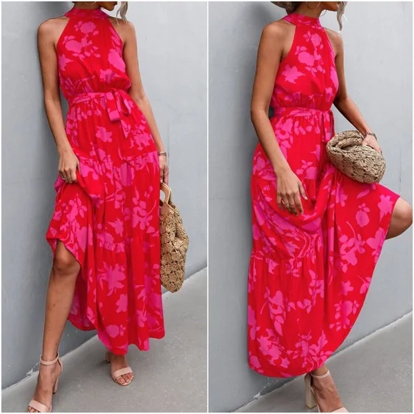 Boho Red Floral Print Halter Maxi Dress Cottagecore - Picture 3 of 3